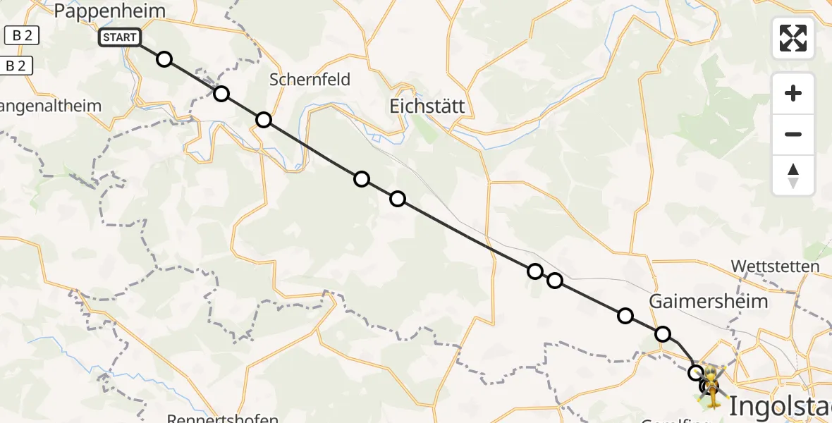 Flugroute Rettungshubschrauber Pappenheim - Ingolstadt Hospital, 23 September 2026, 10:37