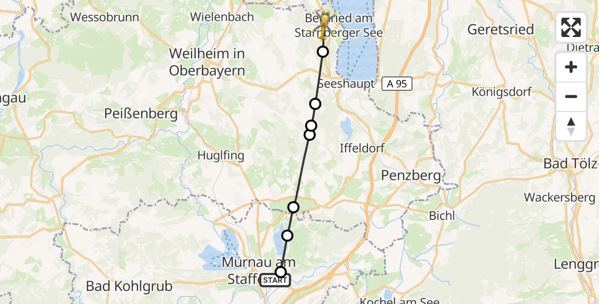 Flugroute Rettungshubschrauber Murnau Accident Hospital - Bernried am Starnberger See, 23 September 2026, 10:41