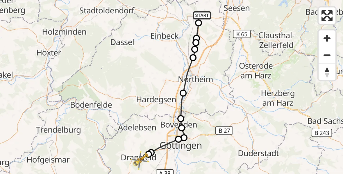 Flugroute Rettungshubschrauber Bad Gandersheim - Dransfeld, 23 September 2026, 10:50
