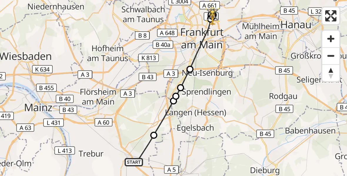 Flugroute Rettungshubschrauber Büttelborn - Frankfurt am Main Accident Hospital Roof, 23 September 2026, 10:58