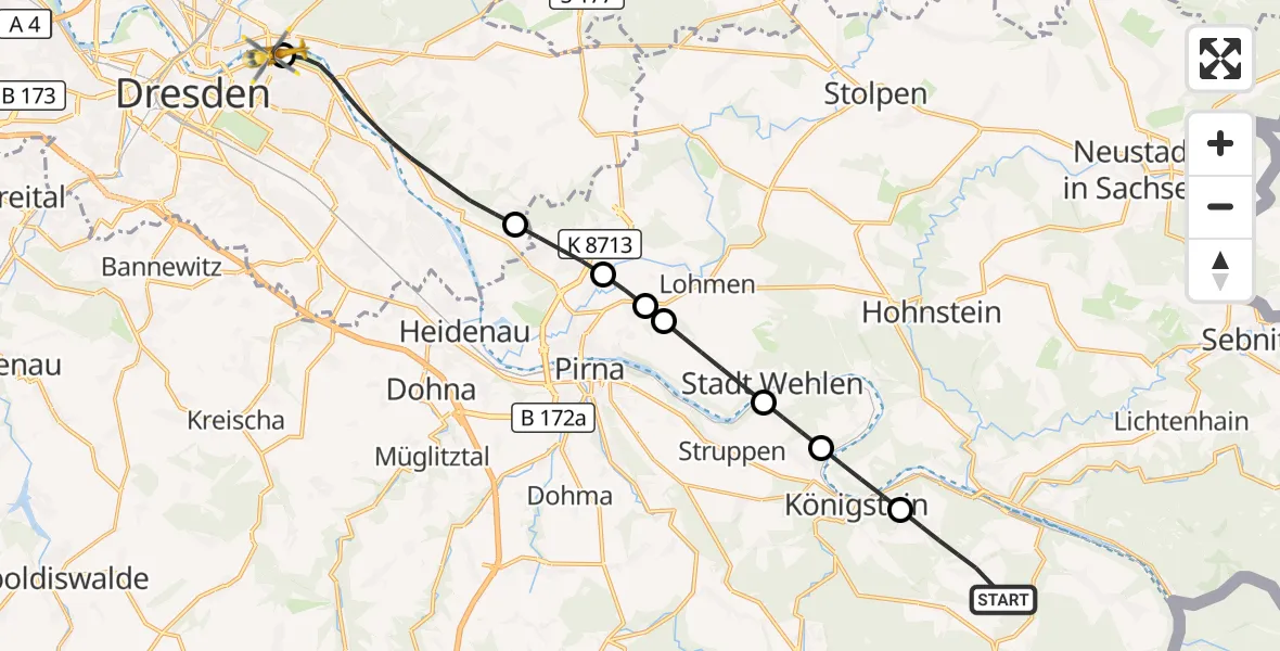 Flugroute Rettungshubschrauber Gohrisch - Dresden Elbwiesen Hubschrauberlandeplatz, 23 September 2026, 11:01