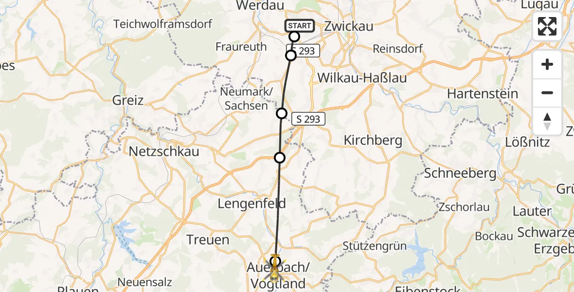 Flugroute Rettungshubschrauber ADAC Air Rescue Station Zwickau Hubschrauberlandeplatz - Auerbach/Vogtl., 23 September 2026, 11:19