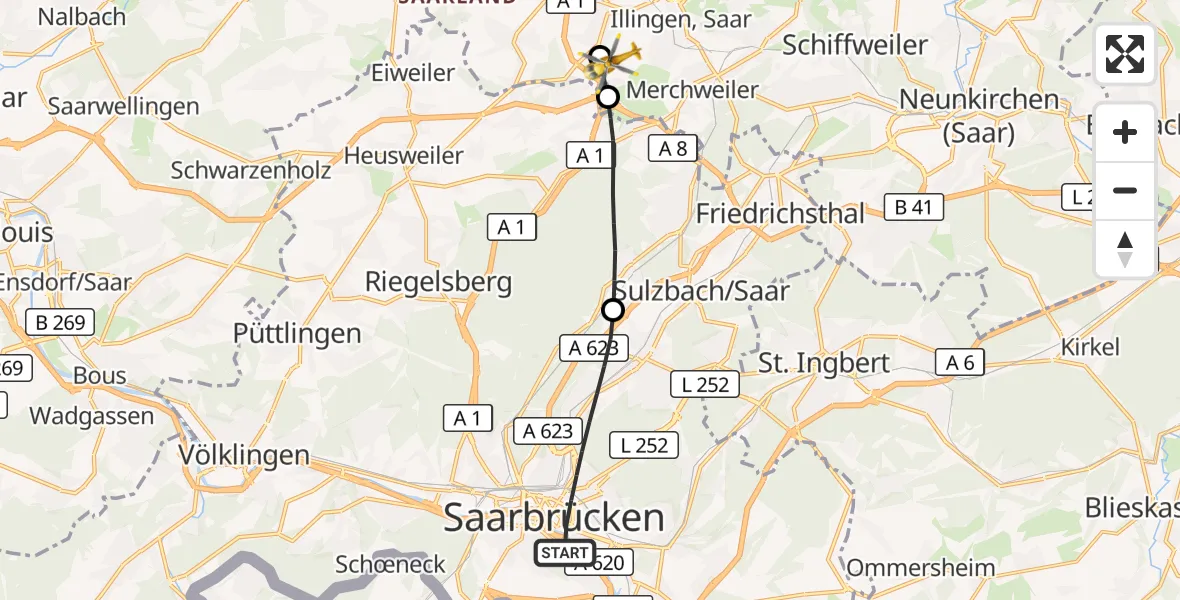Flugroute Rettungshubschrauber Saarbrücken - Illingen, 23 September 2026, 11:20