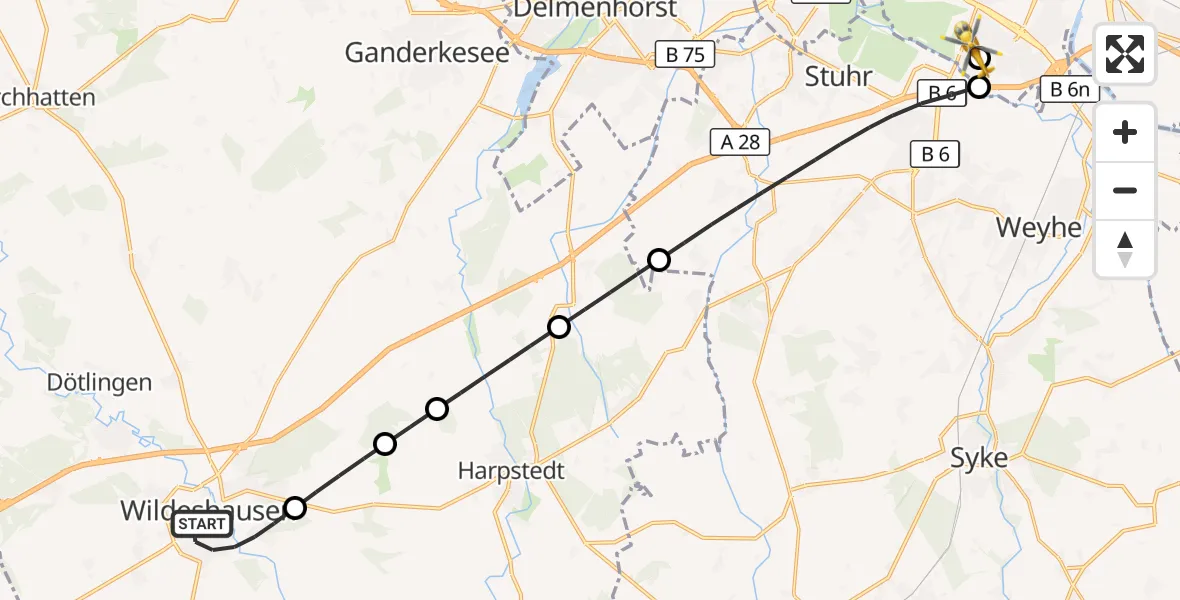 Flugroute Rettungshubschrauber Wildeshausen - ADAC Air Rescue Station Bremen Hubschrauberlandeplatz (Christoph 6), 23 September 2026, 11:40