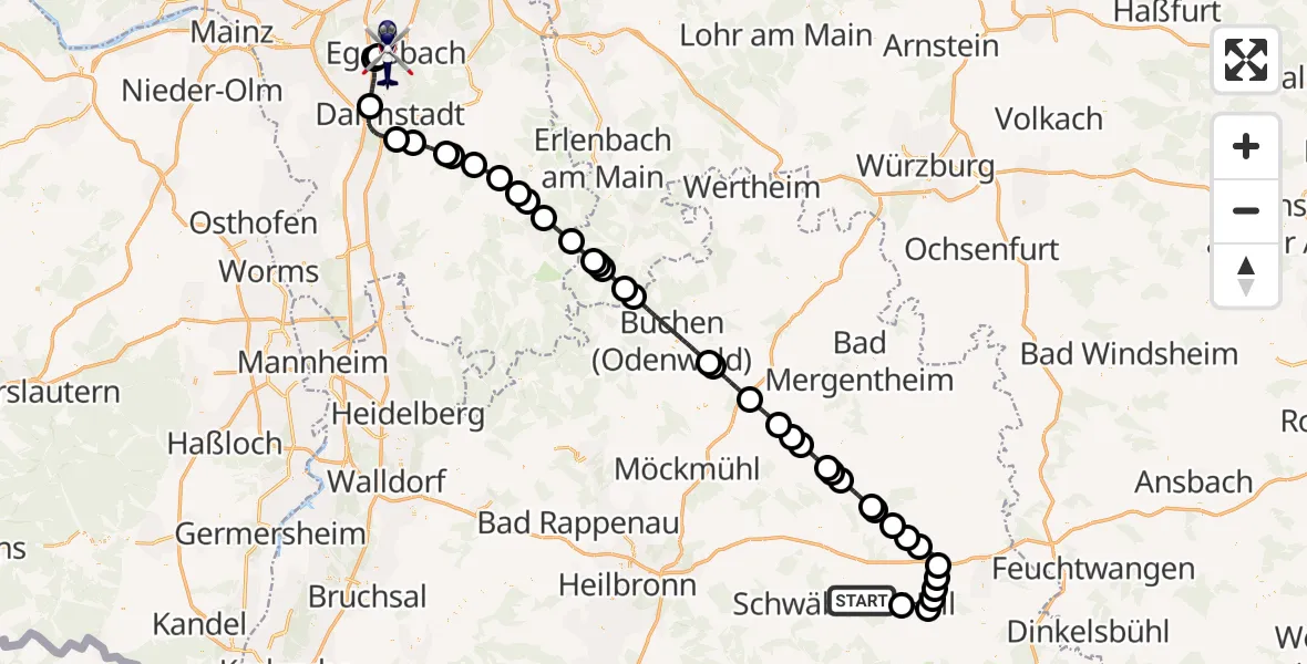 Flugroute Polizeihubschrauber Adolf Würth Flughafen - Flughafen Frankfurt-Egelsbach, 23 September 2026, 11:59