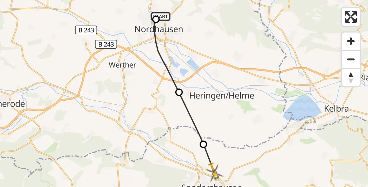 Flugroute Rettungshubschrauber Südharz Hospital Nordhausen - Sondershausen, 23 September 2026, 12:08