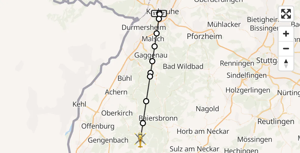 Flugroute Ambulanzhubschrauber Sankt Vincentius Hospital - Bad Rippoldsau-Schapbach, 23 September 2026, 12:12