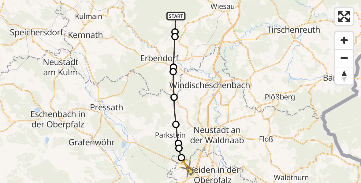 Flugroute Ambulanzhubschrauber Friedenfels - Weiden i.d.OPf., 23 September 2026, 12:21