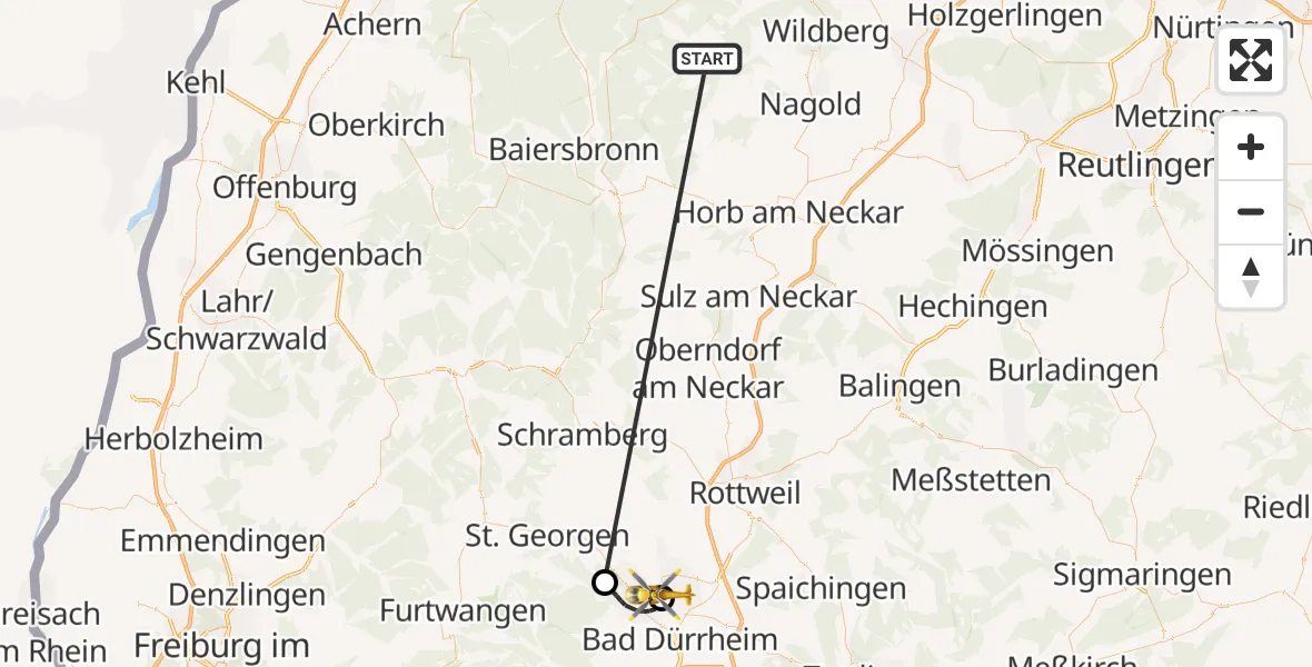 Flugroute Ambulanzhubschrauber Altensteig - DRF Air Rescue Station Villingen-Schwenningen Hubschrauberlandeplatz (Christoph 11), 23 September 2026, 12:22