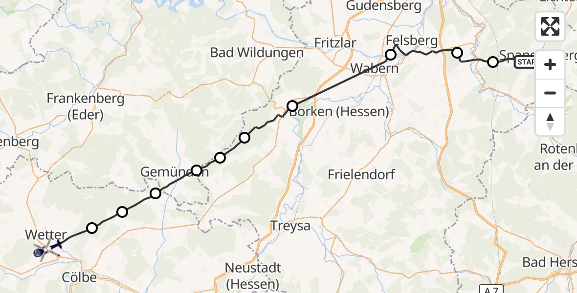 Flugroute Polizeihubschrauber Spangenberg - Wabern, 23 September 2026, 12:23