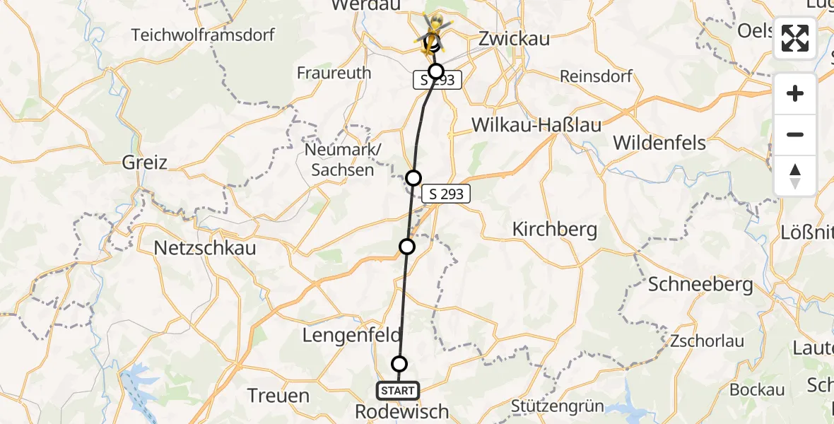 Flugroute Rettungshubschrauber Rodewisch - ADAC Air Rescue Station Zwickau Hubschrauberlandeplatz, 23 September 2026, 12:24