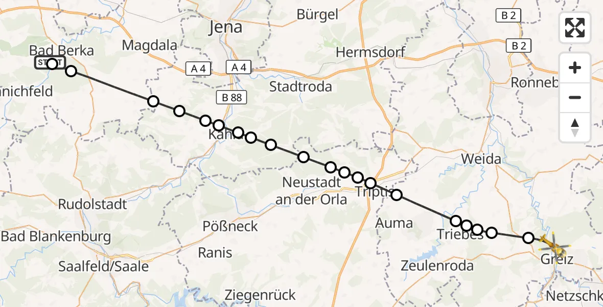 Flugroute Ambulanzhubschrauber Bad Berka Central Hospital - Greiz, 23 September 2026, 12:44