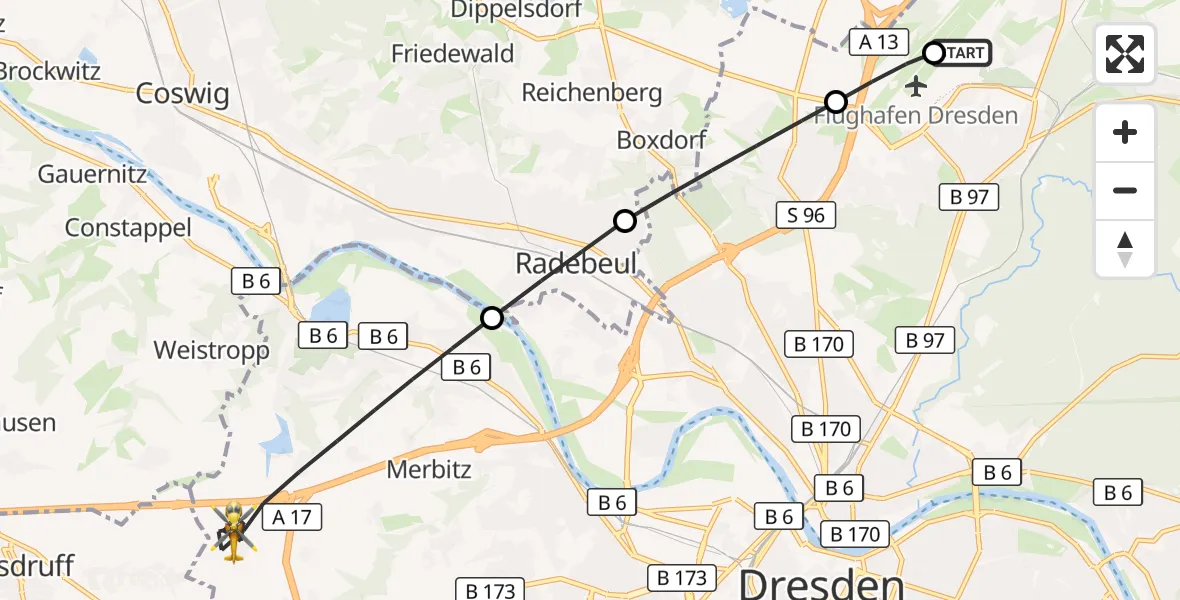 Flugroute Rettungshubschrauber Dresden Bundespolizei Hubschrauberlandeplatz - Dresden, 23 September 2026, 12:44