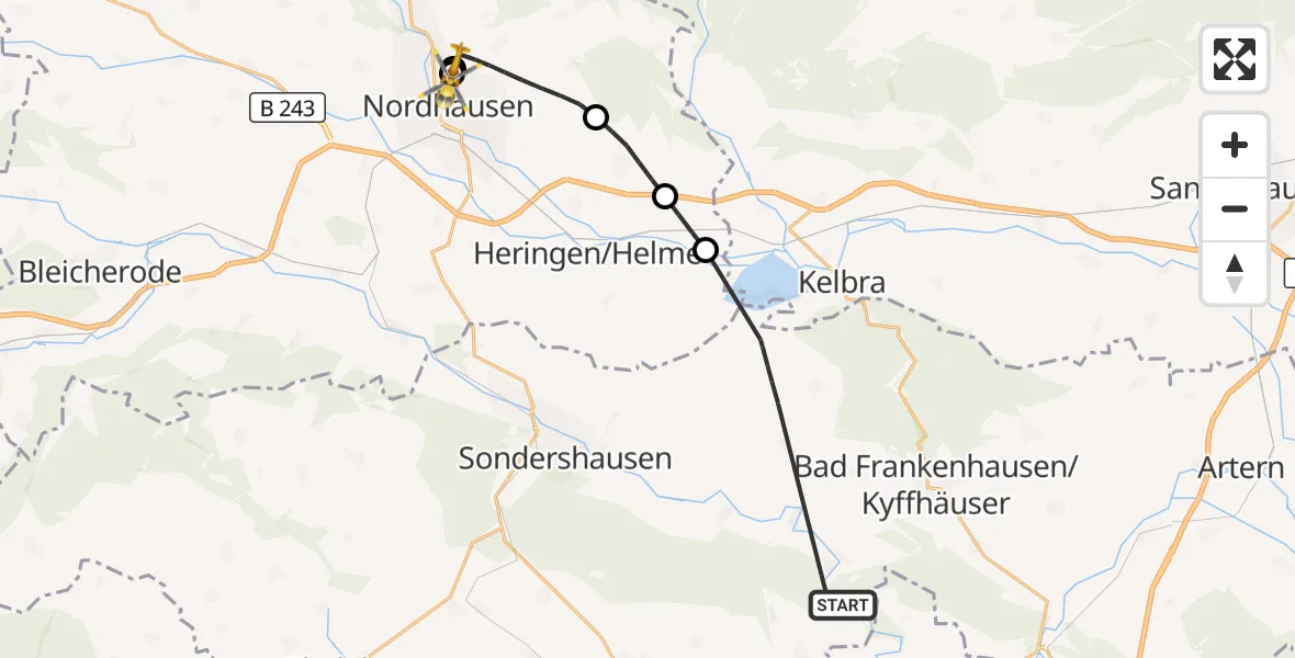 Flugroute Rettungshubschrauber Kyffhäuserland - Südharz Hospital Nordhausen, 23 September 2026, 12:48