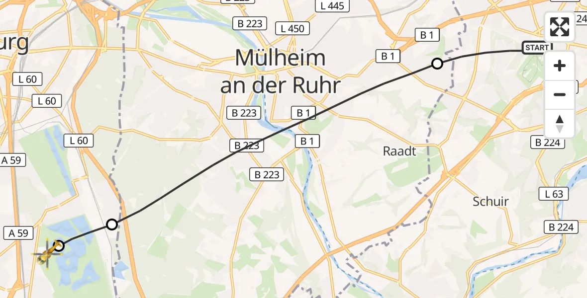 Flugroute Rettungshubschrauber Essen - Duisburg Air Rescue Hubschrauberlandeplatz (Christoph 9), 23 September 2026, 13:05