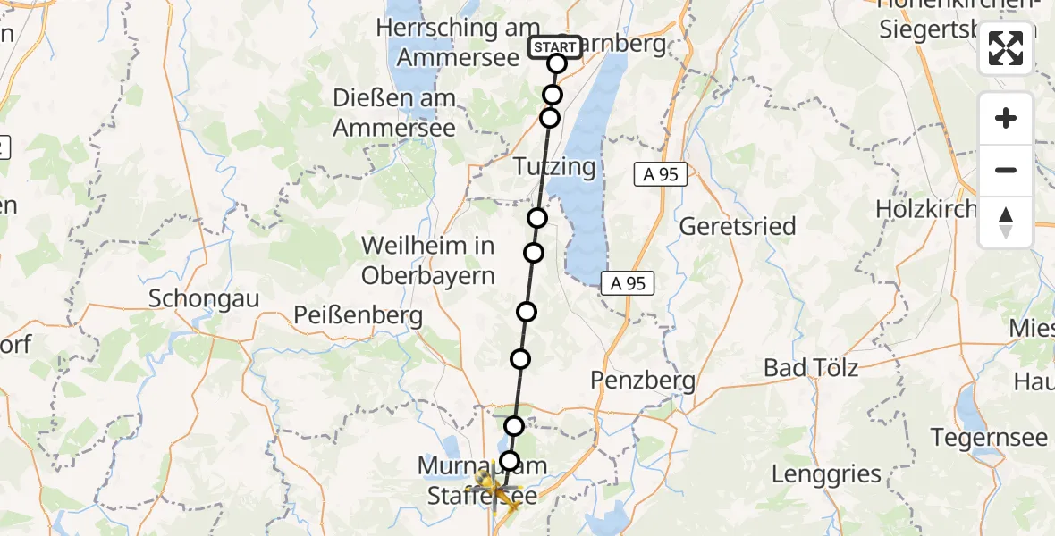 Flugroute Rettungshubschrauber Starnberg - Murnau Accident Hospital Hubschrauberlandeplatz, 23 September 2026, 13:11