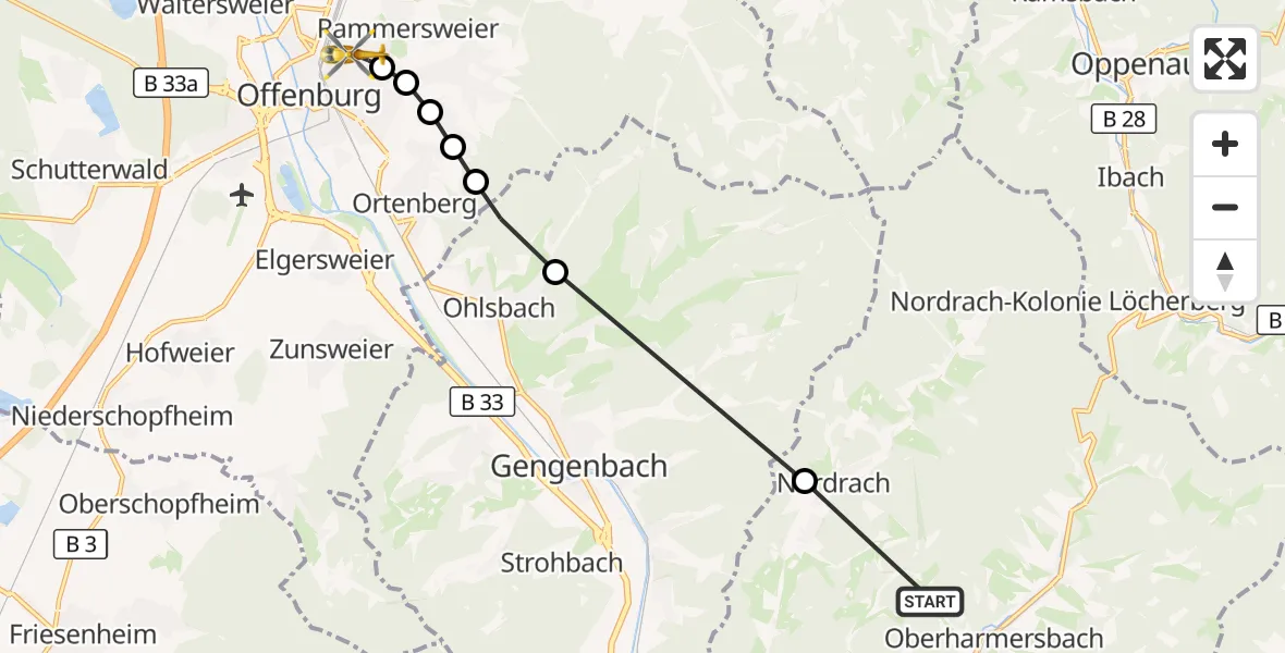 Flugroute Ambulanzhubschrauber Oberharmersbach - Offenburg, 23 September 2026, 13:18