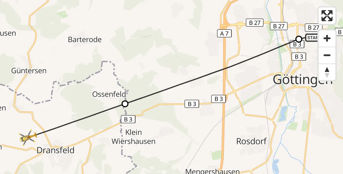Flugroute Rettungshubschrauber Göttingen University Clinic Hubschrauberlandeplatz - Dransfeld, 23 September 2026, 13:30