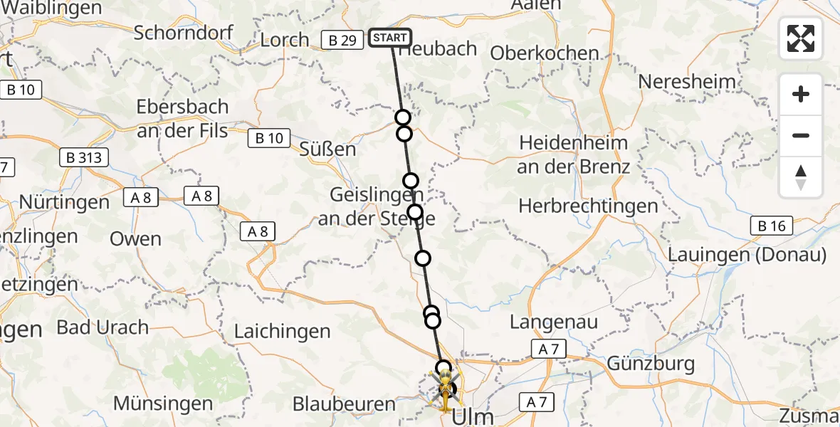 Flugroute Rettungshubschrauber Schwäbisch Gmünd - Ulm Military Hospital Emergency, 23 September 2026, 13:35