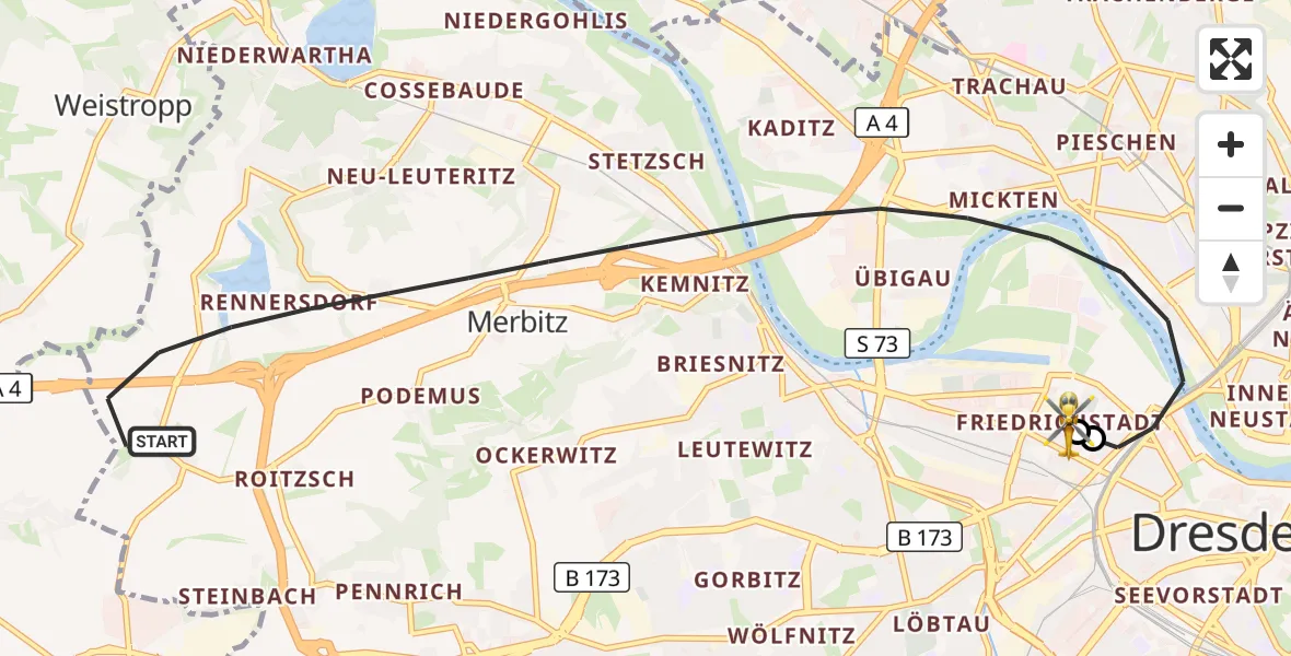 Flugroute Rettungshubschrauber Dresden - Dresden Friedrichstadt Hospital, 23 September 2026, 13:40