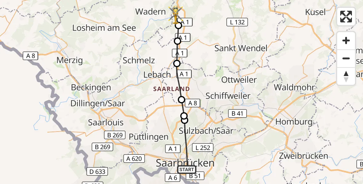 Flugroute Rettungshubschrauber Saarbrücken - Nonnweiler, 23 September 2026, 13:40