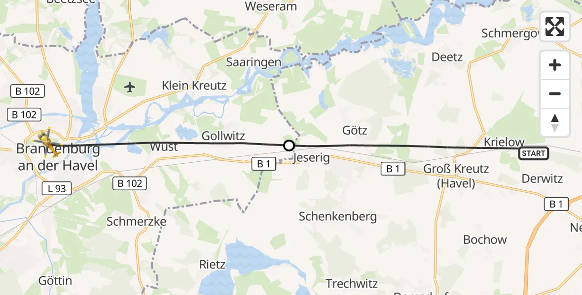 Flugroute Rettungshubschrauber Groß Kreutz (Havel) - Brandenburg an der Havel, 23 September 2026, 13:41