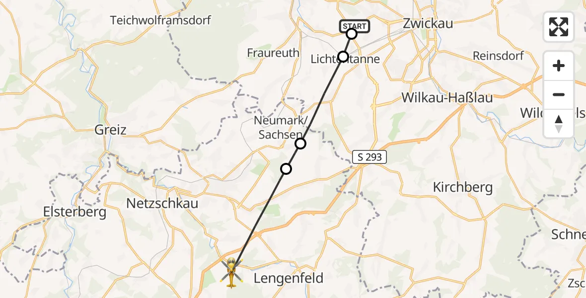 Flugroute Rettungshubschrauber ADAC Air Rescue Station Zwickau Hubschrauberlandeplatz - Lengenfeld, 23 September 2026, 13:50