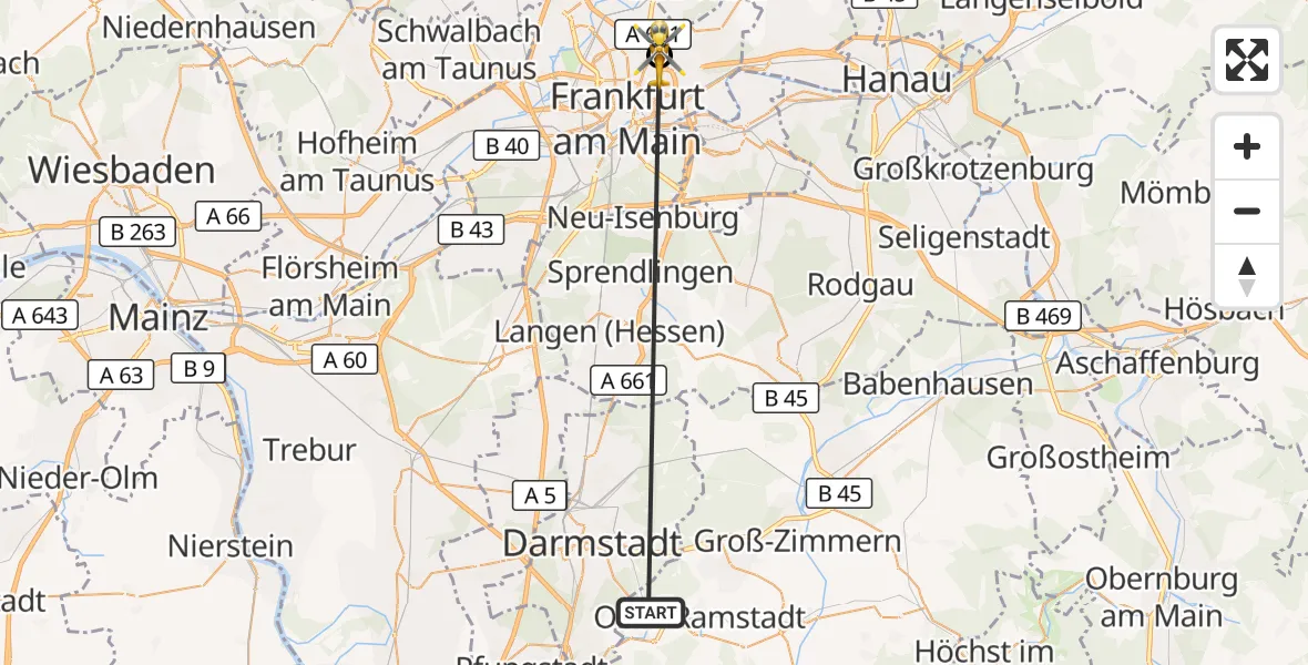 Flugroute Rettungshubschrauber Mühltal - Frankfurt am Main Accident Hospital Roof Helipad (CHX2), 23 September 2026, 13:51