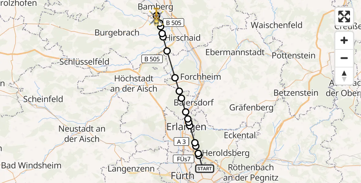 Flugroute Rettungshubschrauber Flughafen Nuremberg - Bamberg Hospital, 23 September 2026, 14:18