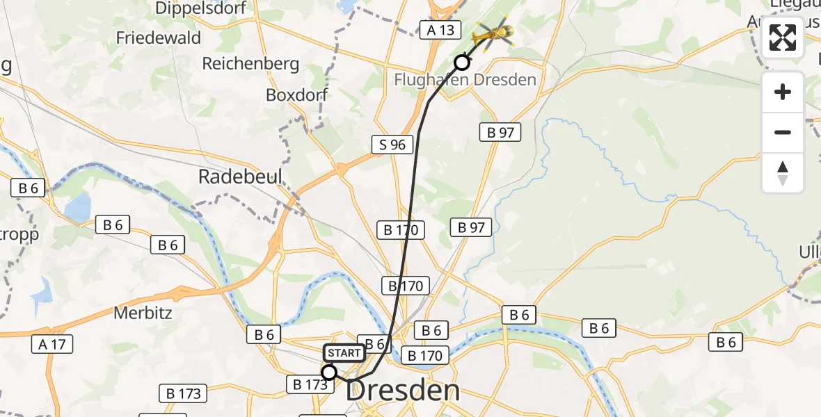 Flugroute Rettungshubschrauber Dresden Friedrichstadt Hospital - Dresden Bundespolizei Hubschrauberlandeplatz, 23 September 2026, 14:21