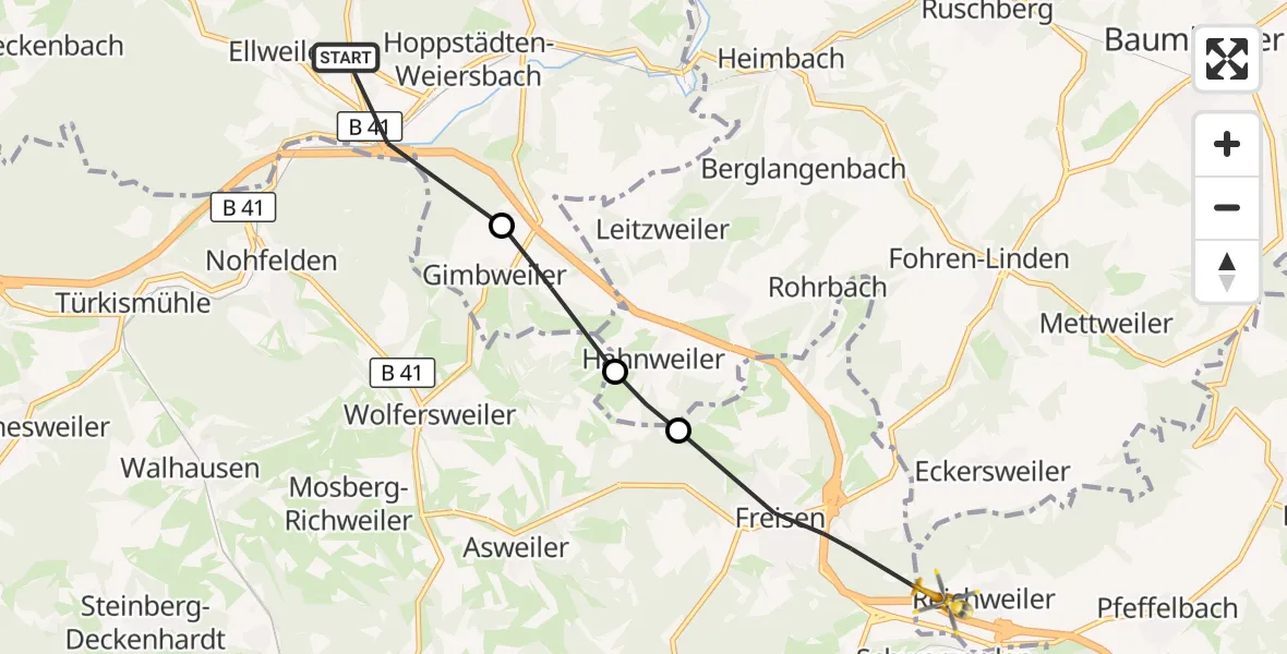 Flugroute Rettungshubschrauber Hoppstädten-Weiersbach - Reichweiler, 23 September 2026, 14:26
