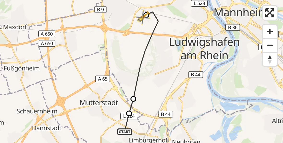 Flugroute Rettungshubschrauber Limburgerhof - Ludwigshafen Accident Hospital, 23 September 2026, 14:34