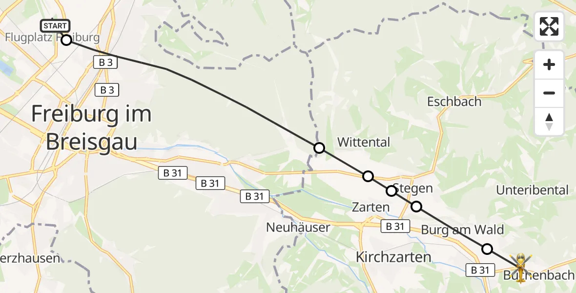 Flugroute Ambulanzhubschrauber Freiburg im Breisgau Flugplatz - Buchenbach, 23 September 2026, 14:37
