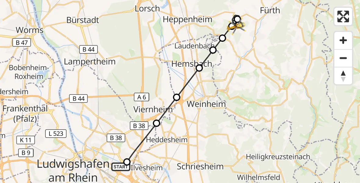 Flugroute Rettungshubschrauber Mannheim-City Flughafen - Rimbach, 23 September 2026, 14:41