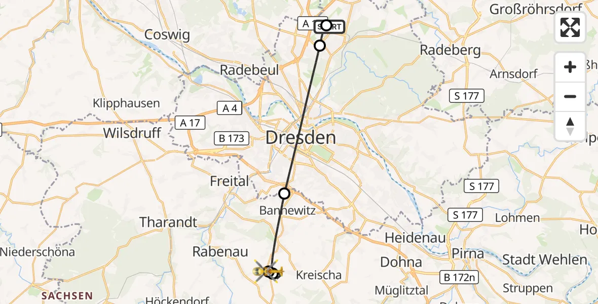 Flugroute Rettungshubschrauber Dresden Bundespolizei Hubschrauberlandeplatz - Rabenau, 23 September 2026, 14:41