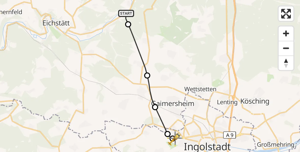 Flugroute Rettungshubschrauber Walting - Ingolstadt Hospital, 23 September 2026, 15:00