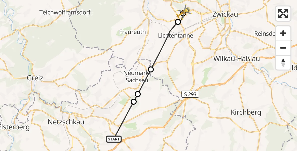 Flugroute Rettungshubschrauber Heinsdorfergrund - ADAC Air Rescue Station Zwickau Hubschrauberlandeplatz, 23 September 2026, 15:04