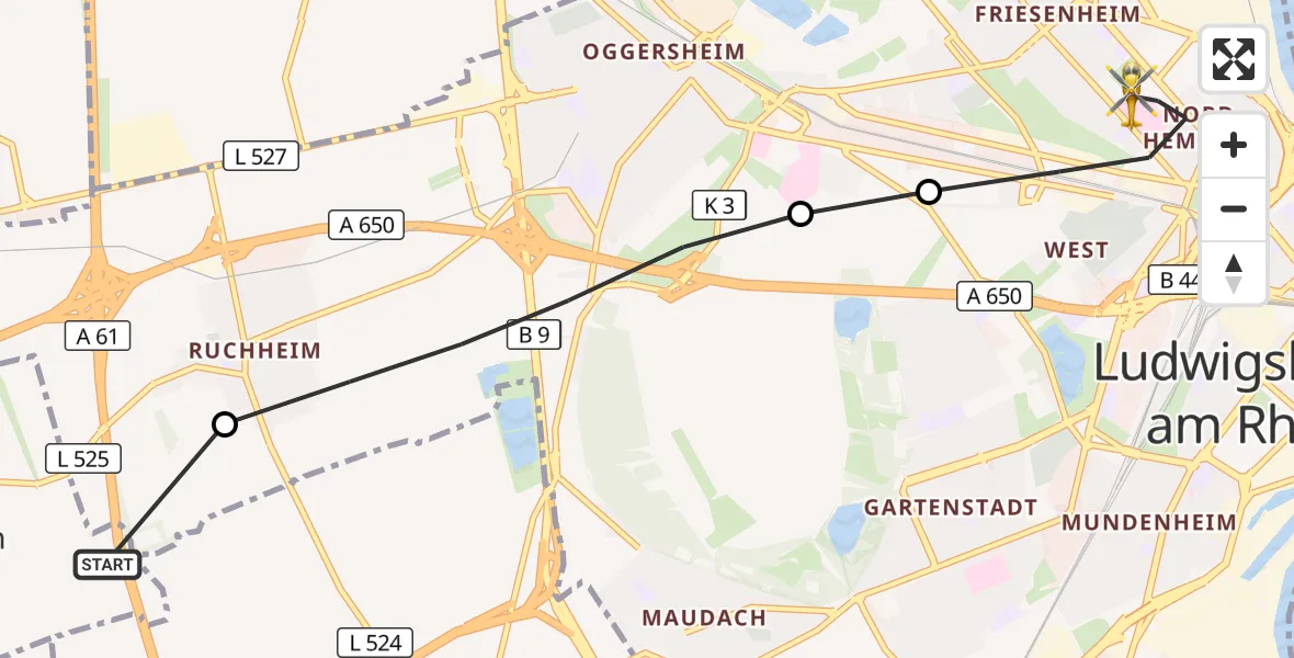 Flugroute Rettungshubschrauber Fußgönheim - Ludwigshafen am Rhein, 23 September 2026, 15:28