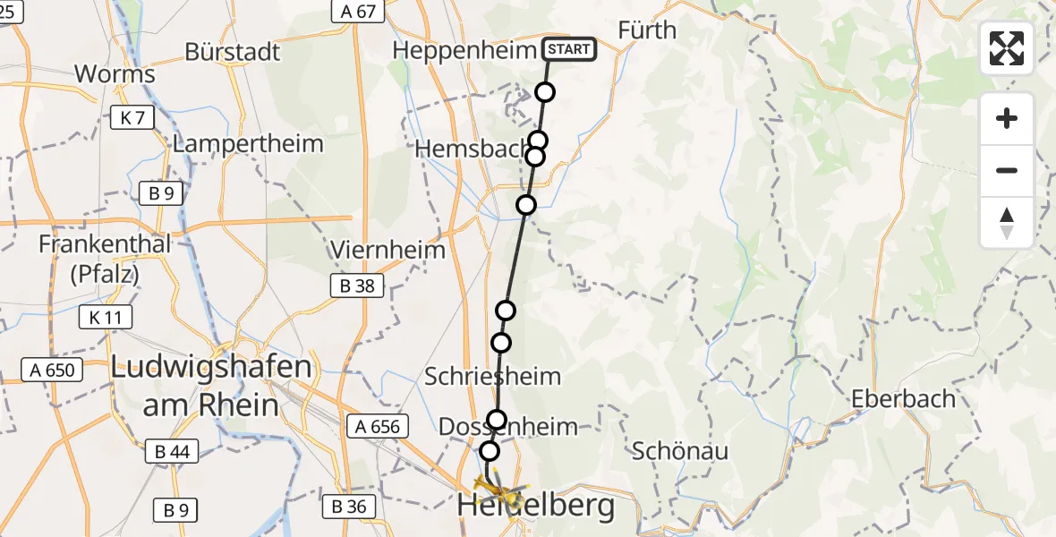 Flugroute Rettungshubschrauber Heppenheim (Bergstraße) - Heidelberg, 23 September 2026, 15:32