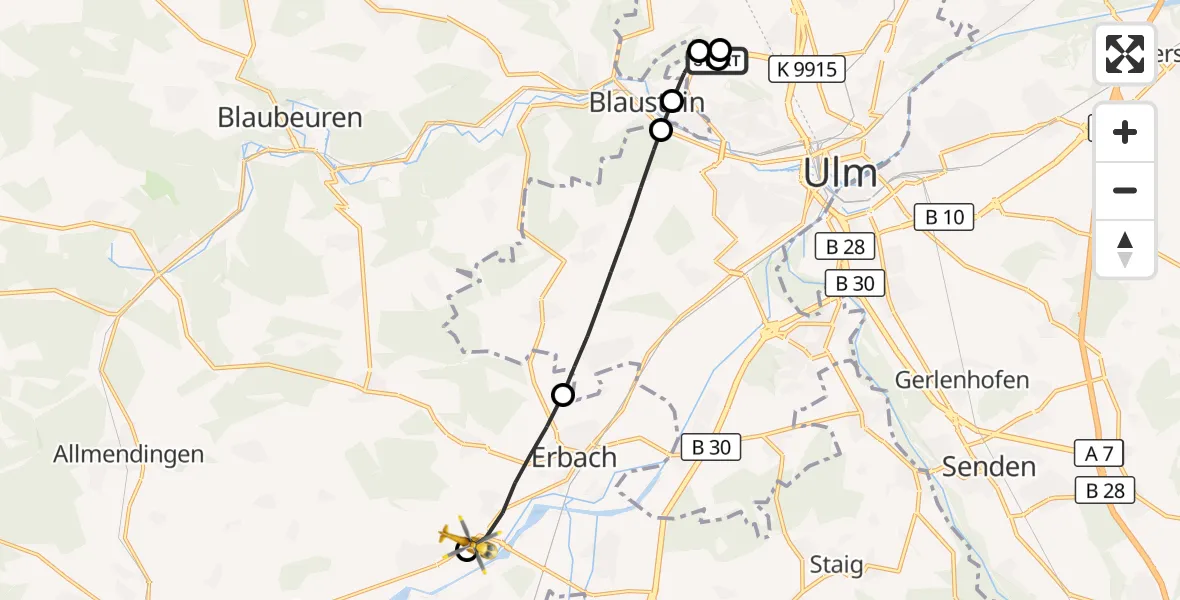 Flugroute Rettungshubschrauber Ulm Military Hospital Emergency - Oberdischingen, 23 September 2026, 15:39