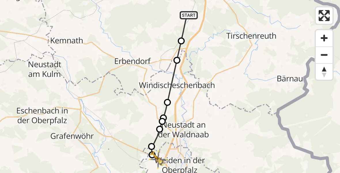 Flugroute Ambulanzhubschrauber Wiesau - Weiden i.d.OPf., 23 September 2026, 15:40