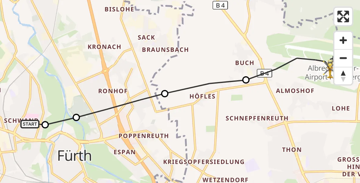 Flugroute Rettungshubschrauber Fürth Hospital - Flughafen Nuremberg, 23 September 2026, 15:42