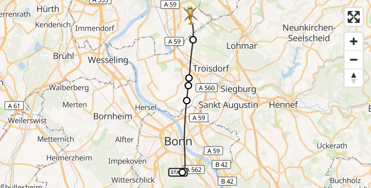 Flugroute Rettungshubschrauber Bonn University Hospital - Köln Bonn Flughafen, 23 September 2026, 15:45