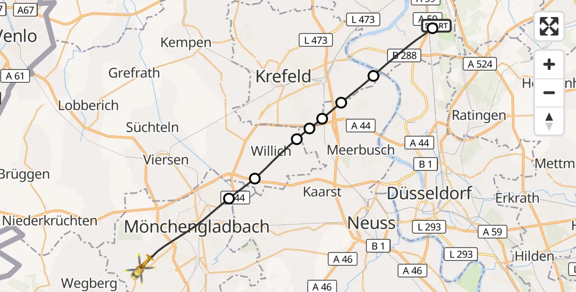Flugroute Rettungshubschrauber Duisburg Air Rescue Hubschrauberlandeplatz (Christoph 9) - Mönchengladbach, 23 September 2026, 15:50