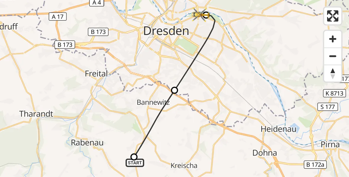 Flugroute Rettungshubschrauber Rabenau - Dresden Elbwiesen Hubschrauberlandeplatz, 23 September 2026, 15:59