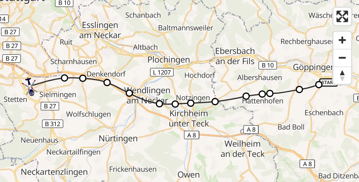 Flugroute Polizeihubschrauber Göppingen - Flughafen Stuttgart, 23 September 2026, 16:01