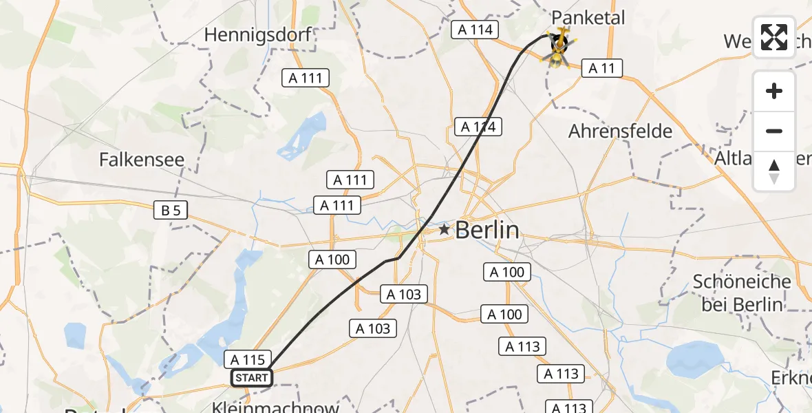 Flugroute Rettungshubschrauber Berlin - Helios Clinic Berlin-Buch, 23 September 2026, 16:07