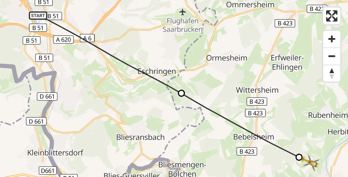 Flugroute Rettungshubschrauber Saarbrücken - Gersheim, 23 September 2026, 16:14