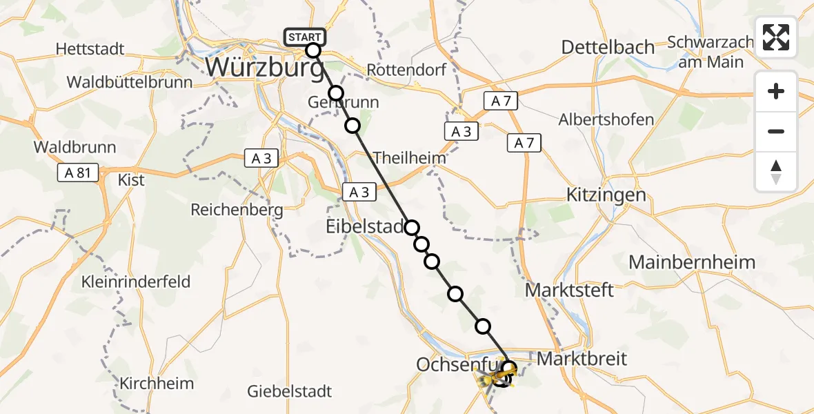 Flugroute Rettungshubschrauber Würzburg University Hospital Rooftop - Ochsenfurt Hospital, 23 September 2026, 16:20