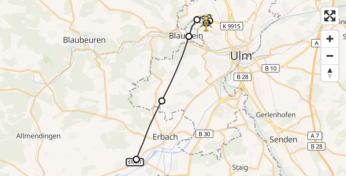 Flugroute Rettungshubschrauber Oberdischingen - ADAC Air Rescue Station Ulm (Christoph 22), 23 September 2026, 16:21